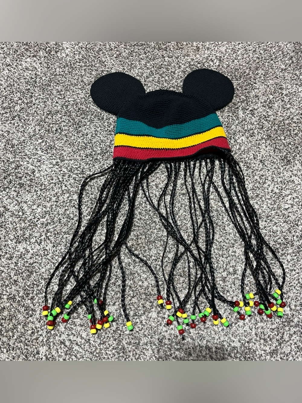Disney Parks Mickey Mouse Ears Jamaican Reggae Braids Beads Beanie Hat Adult